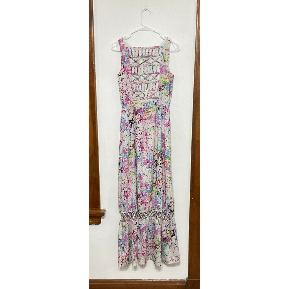 Gianni Bini Pastel Abstract Print Watercolor Cutout Maxi Dress Size 2 XS - Picture 3 of 7